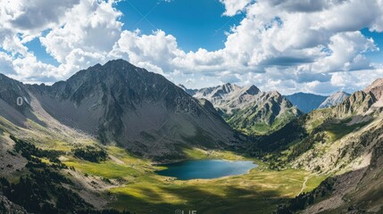 Fototapeta premium Mountainous valley with a serene lake, bathed in sunlight and cloudy skies