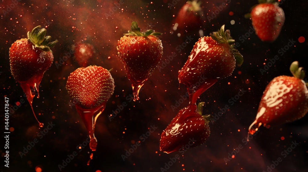 Poster a close up of a bunch of strawberries with some of them dripping with syrup