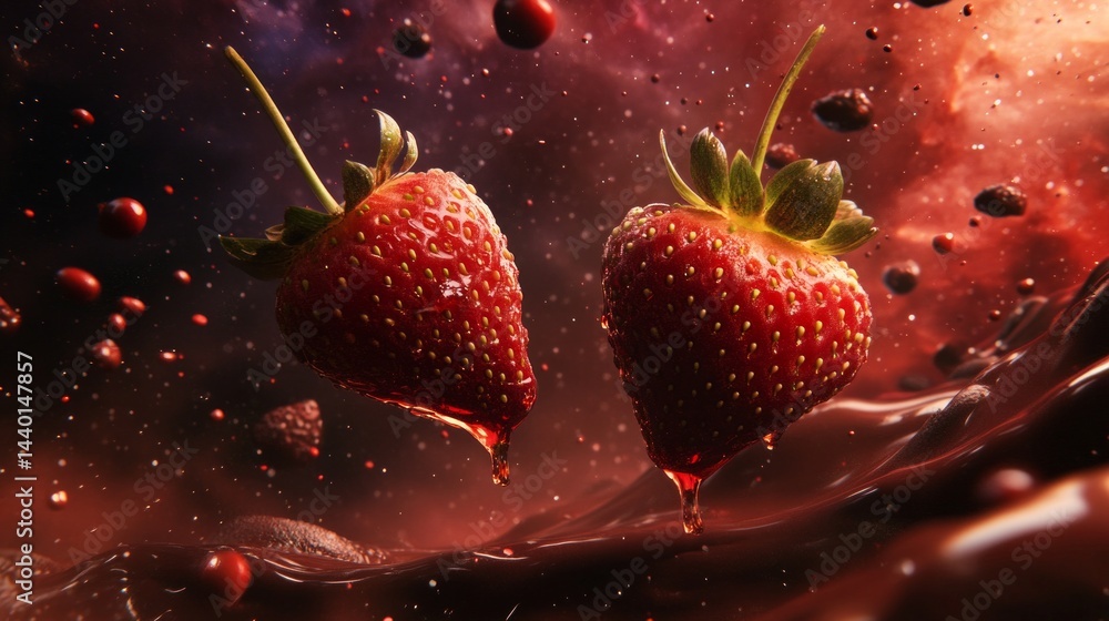 Poster two strawberries are floating in a pool of chocolate