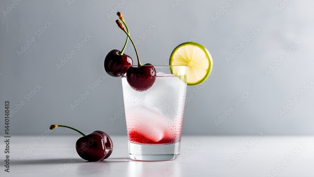 Aufkleber refreshing mocktail with cherries and lime served over ice set against a sleek grey background for a