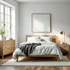 Scandinavian style bedroom furniture set in bright natural light, nightstand, mirror, bedroom