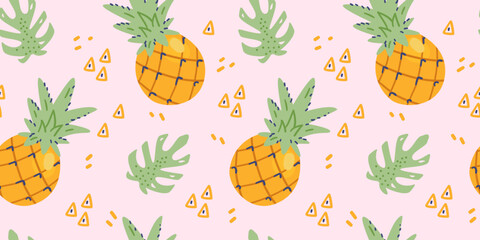 Pineapple and leaves vector seamless pattern.