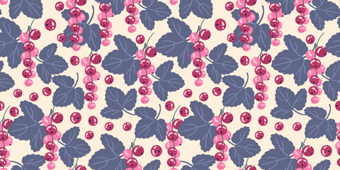 Red currant with leaves vector seamless pattern.
