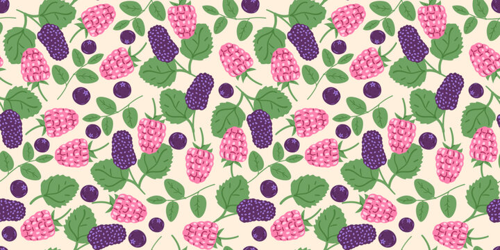 Ripe berries raspberry, blackberry, blueberry and leaves vector seamless pattern.