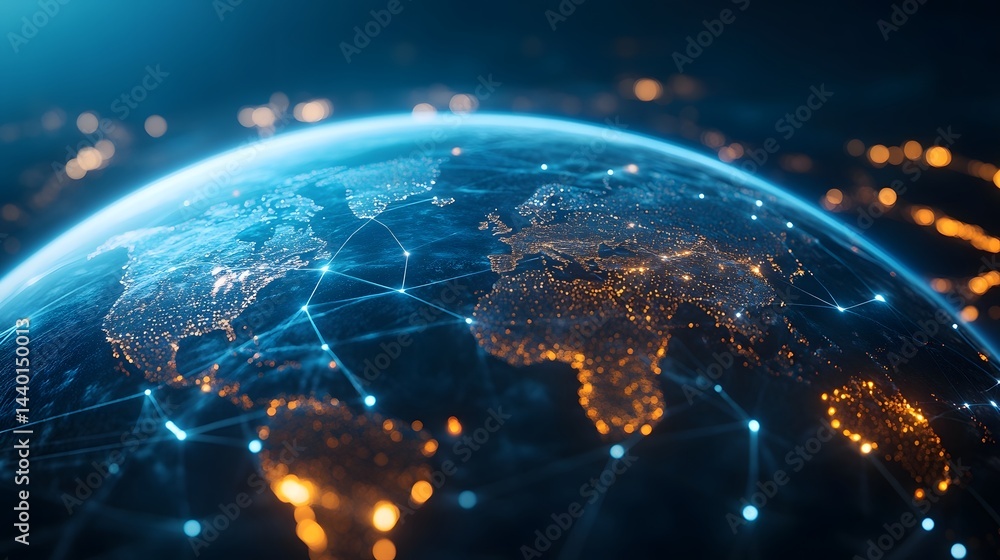 Poster digital global connectivity and futuristic tech concept with earth surrounded by glowing data nodes