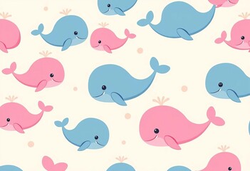 Naklejka premium Seamless pattern of cute cartoon pink whales on a light background ideal for baby shower designs, design element, cartoon whale