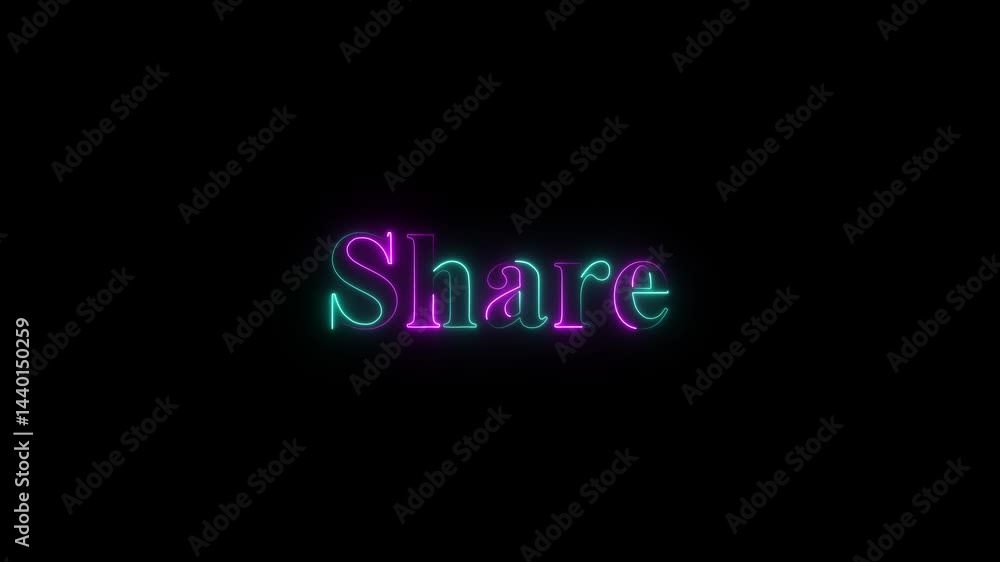 Poster like comment and share text animation,share neon text with arrow sign. social media interface, notif