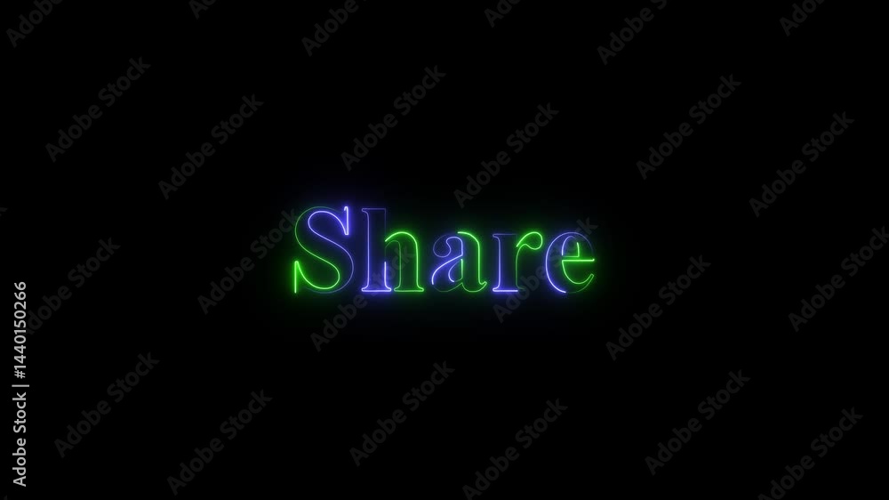 Poster like comment and share text animation,share neon text with arrow sign. social media interface, notif
