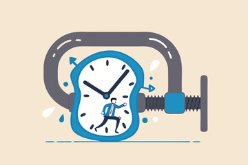 Time pressure or running out of time, stress or anxiety to finish work within aggressive deadline or time management concept, frustrated businessman try to stop squeezed timer clock.