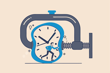 Time pressure or running out of time, stress or anxiety to finish work within aggressive deadline or time management concept, frustrated businessman try to stop squeezed timer clock.
