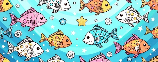 Seamless pattern with cute doodle fish in ocean theme for coloring book, sea creatures, hobby, kids