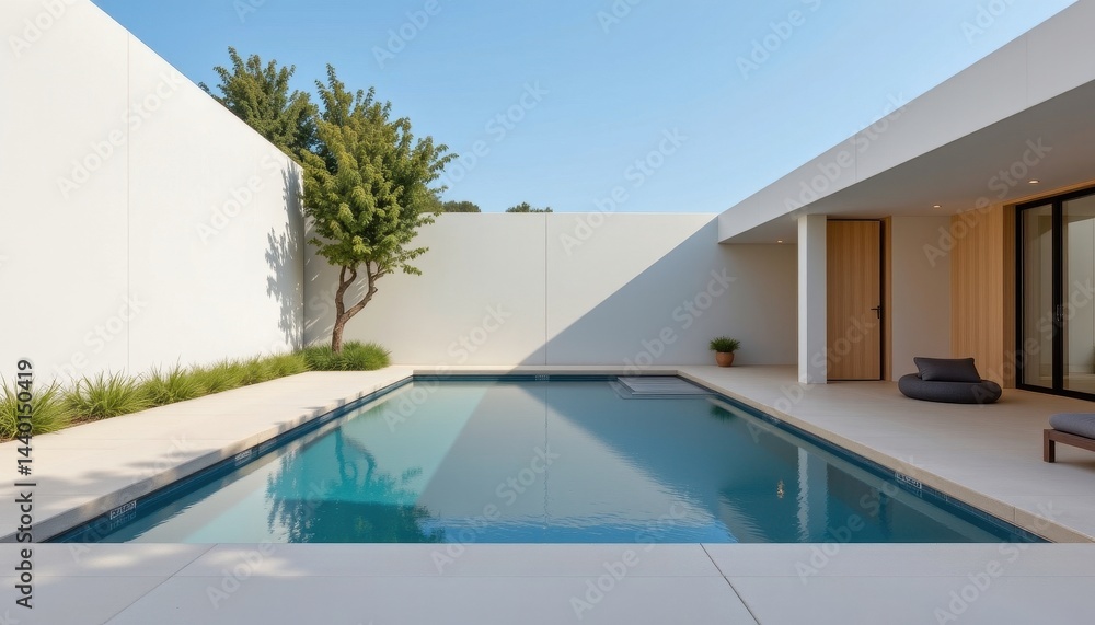 Poster modern minimalism a sleek, minimalist pool in a modern architectural setting, featuring sharp angles
