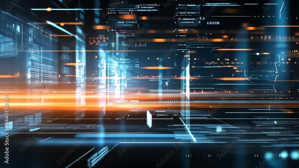 Poster experience a journey through a futuristic digital landscape filled with vibrant lights and mesmerizi