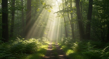 Obraz premium Sunbeams Shining Through Forest Path with Greenery
