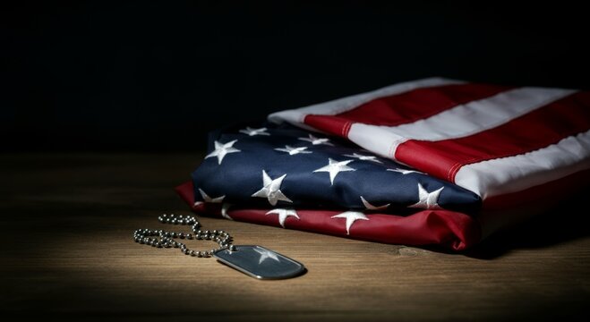Folded American flag and dog tags on wooden table against dark background