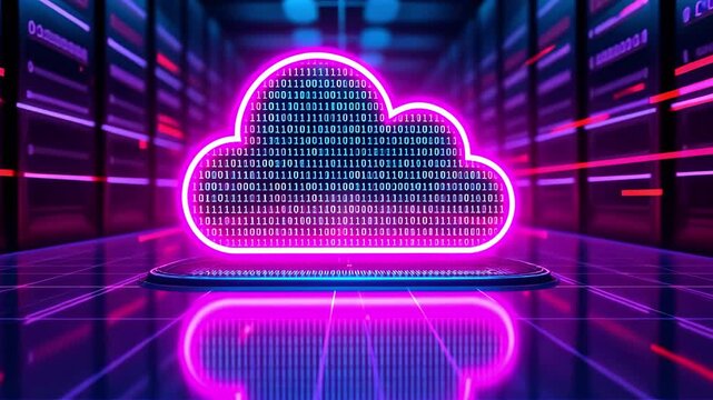 Vibrant digital cloud symbolizing data storage with binary code in a futuristic server room