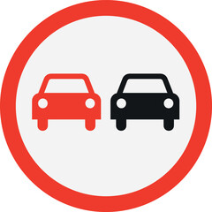 no overtaking allowed traffic sign with two car symbols in red circle on white background