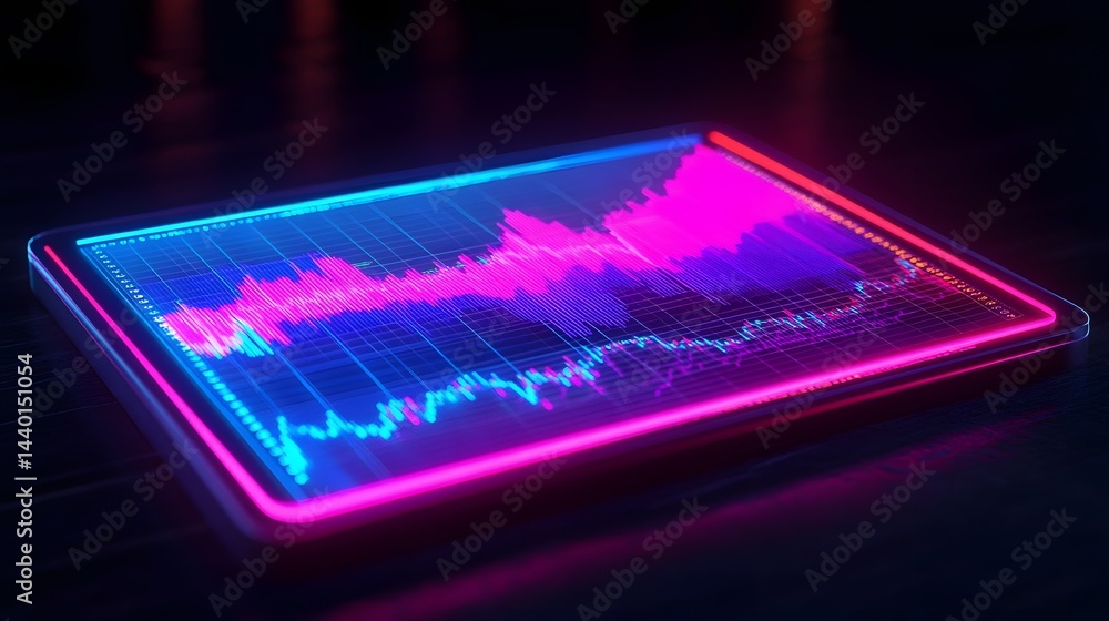 Poster glowing financial data visualization on transparent touchscreen display