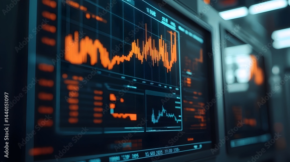 Poster ai-powered financial analysis with glowing data visualizations on a transparent screen