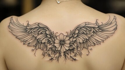 Detailed back tattoo of wings and flower