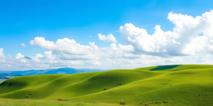 Serene blue sky, fluffy white clouds above rolling green hill, grass, clouds