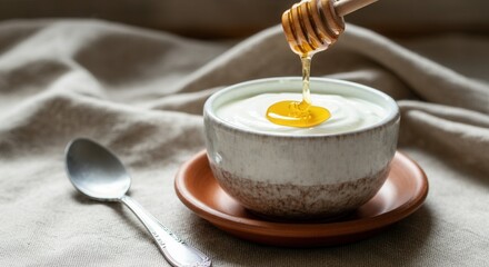 Honey drizzling into yogurt in ceramic bowl with spoon on linen fabric