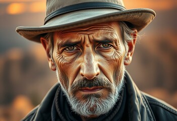 Male nomad portrait with blurred landscape