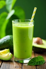 Fototapeta premium Vibrant avocado smoothie in glass with green leaves backdrop, healthy, smoothie, tropical