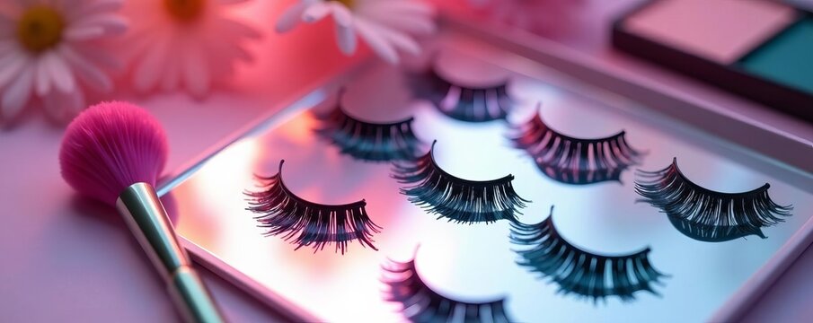 Set of colorful false eyelashes arranged on a mirrored surface with beauty tools, beauty products, long lashes