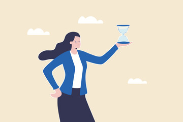 Deadline or time counting down on business project, time management, urgency or time schedule concept, confident businesswoman manager holding hourglass or sandglass as timer or time counting down.