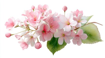 Naklejka premium Watercolor Clerodendrum blossoms with soft pink petals and green leaves, blooming gracefully against a white background.