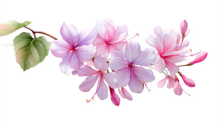 Obraz premium Watercolor Clerodendrum blossoms with pink and light purple petals, green leaves, blooming gracefully on a white background.