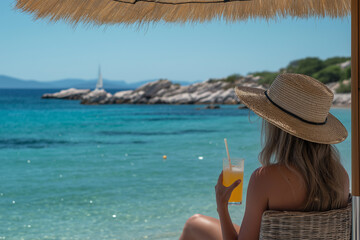 Enjoying a refreshing drink while relaxing on the beach