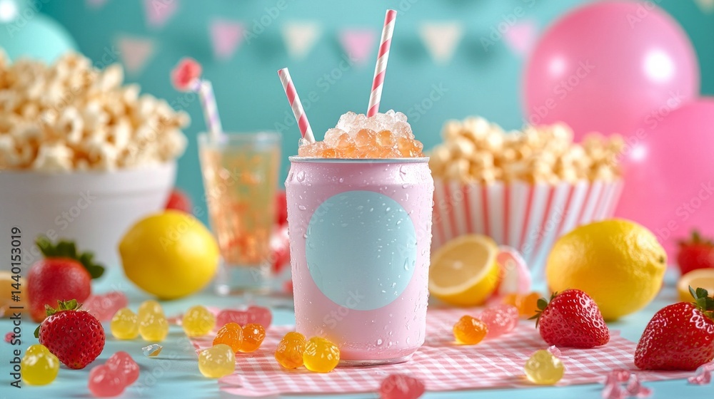 Poster a pink and blue can of soda with a straw in it is on a table with a bunch of fru