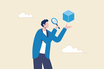 Business case study or marketing research, analyze product prototype or competitor, learning or search for strong and weakness concept, smart businessman use magnifying glass to analyze floating cube.