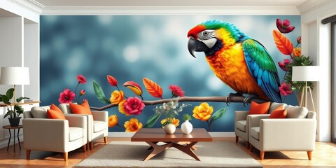 Vibrant bird mural adorns living room wall, flanked by chairs & coffee table, nature, peaceful
