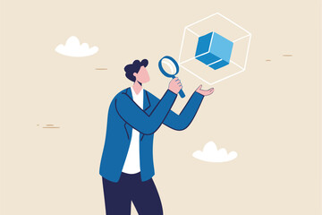 Business case study or marketing research, analyze product prototype or competitor, learning or search for strong and weakness concept, smart businessman use magnifying glass to analyze floating cube.
