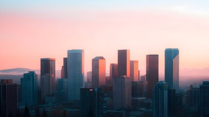 Fototapeta premium Skyscrapers Bathed in Warm Morning Light Over Misty City Skyline