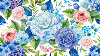 Very beautiful Seamless watercolor floral pattern. Hydrangea, myosotis, rose, peony. Blue green white flowers, leaves on white background. Fashion, fabric, wrappers, 