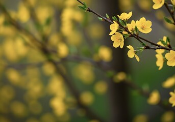 Bright yellow flowers bloom on a slender branch in a tranquil garden during the spring season