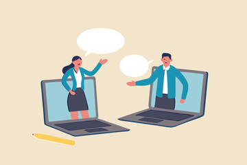 Remote work team meeting, online communication and business discussion, video conference to link between home and office concept, businessman and woman virtually discuss work from laptop computer.