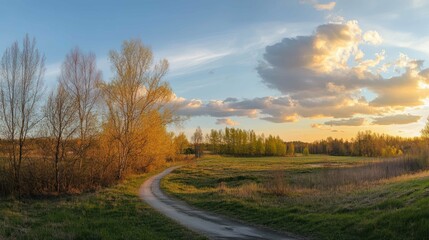 Fototapeta premium Scenic countryside landscape with winding road at sunset with soft light.