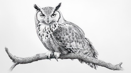 Obraz premium Detailed grayscale drawing of an owl perched on a branch