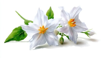 Watercolor painting of Night-flowering Jasmine blossoms with delicate white petals, vibrant yellow centers, and lush green leaves on a clean white background.