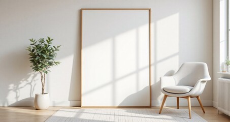 Vertical poster frame standing on the floor next to a chair in a modern home. Soft daylight adds realism, perfect for artwork or branding display.