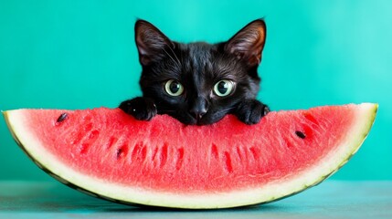 A black cat is holding a slice of watermelon in its mouth