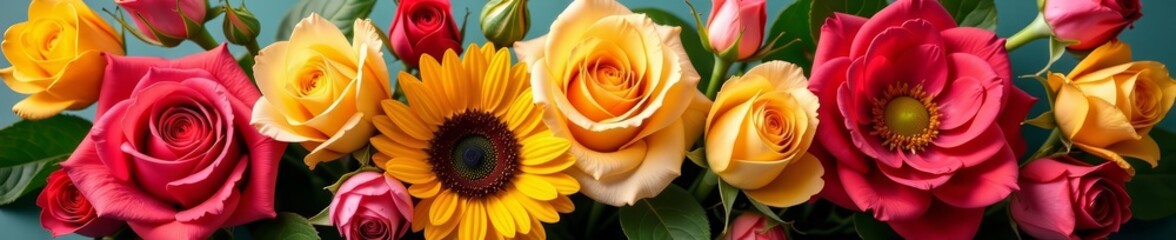Vibrant bouquet of roses, daisies, sunflowers, vibrant, flowers, roses