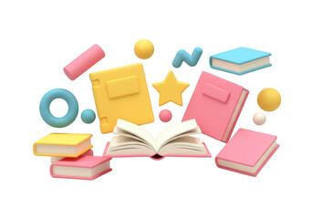 Colorful books and shapes floating render art isolated on transparent background