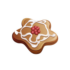 Star-Shaped Cookie with Icing and Red Candies Vector. Christmas Gingerbread Star Cookie. Festive Star Cookie with White Icing and Red Topping