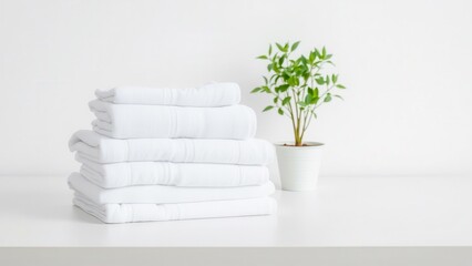 A stack of snow-white towels is neatly folded on the table. There is a green houseplant nearby, creating an atmosphere of coziness. The clean background emphasizes the minimalist style.